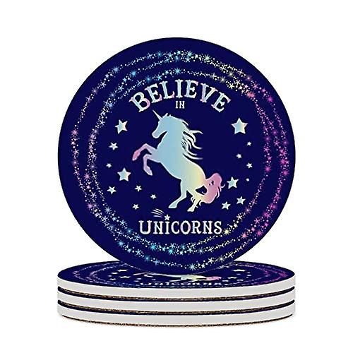 Round Drink Coasters 6 Pcs Cute Unicorn With Text Believe In Unicorn Absorbent Ceramic Coaster With Cork Base For Coffee Cups Housewarming Gift For Ho