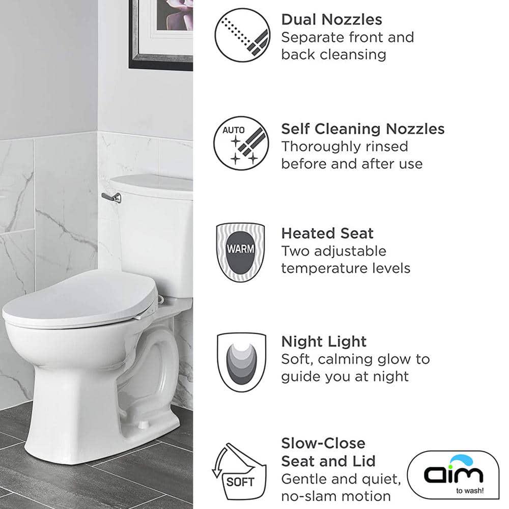 Aim to Wash! Electric Bidet Seat with Hot Water and Heated Seat for Elongated Toilet in White