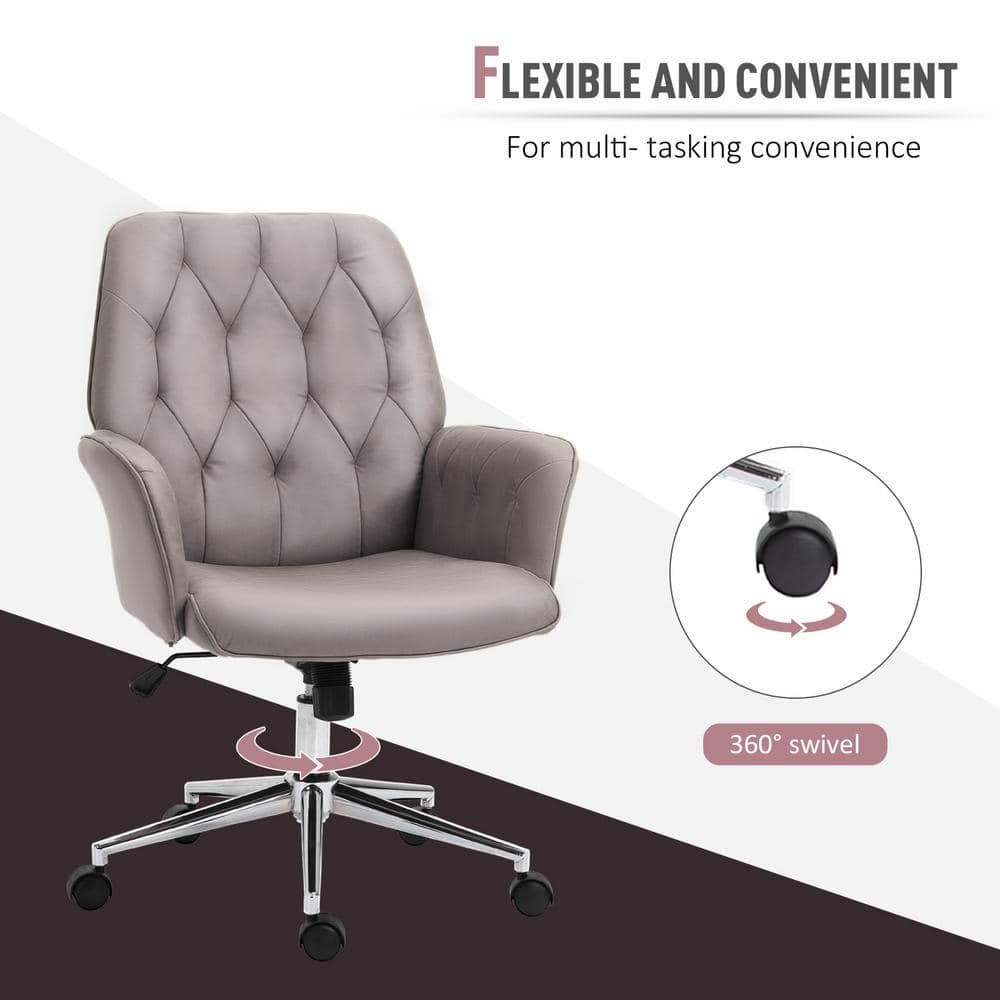 Vinsetto Light Grey, Modern Mid-Back Tufted Micro Fiber Home Office Desk Chair with Arms, Swivel Adjustable Task Chair 921-102V01