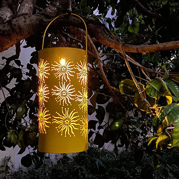 SAKURA Solar Hanging Lantern Outdoor Metal Solar Lamp Sun Patterns LED Light Decorative Solar Lights with Handle Waterproof Plastic and Metal for Garden Patio， Yellow， Warm White Light