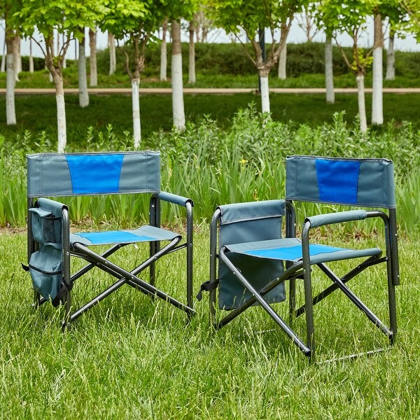 2piece Padded Folding Outdoor Chair with Storage Pockets，Lightweight Oversized Directors Chair for indoor