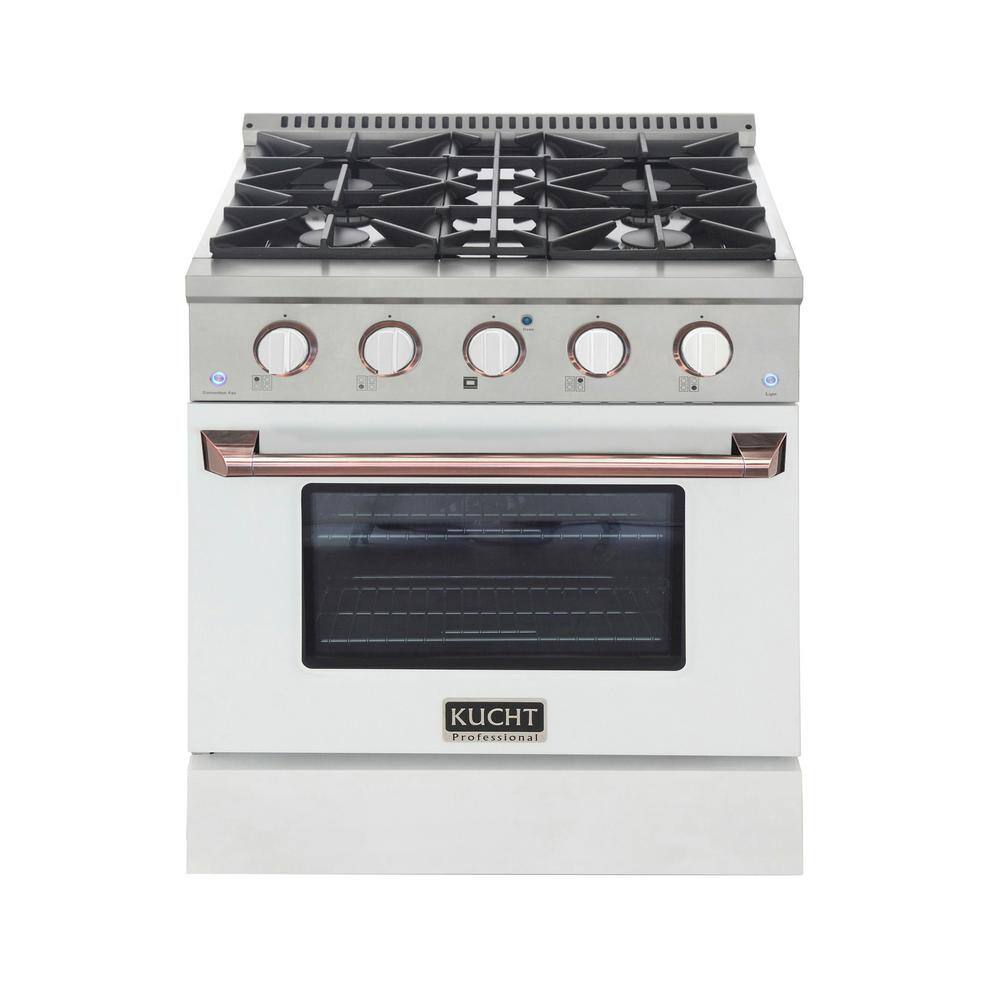 Kucht 30 in. 4.2 cu. ft. Natural Gas Range with Convection Oven in White with White Knobs and Rose Gold Handle KNG301-W-ROSE