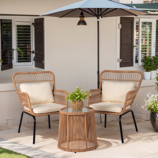 3 Piece Outdoor Wicker Conversation Bistro Set，AllWeather Rattan Furniture Patio Chairs Set with Cushions