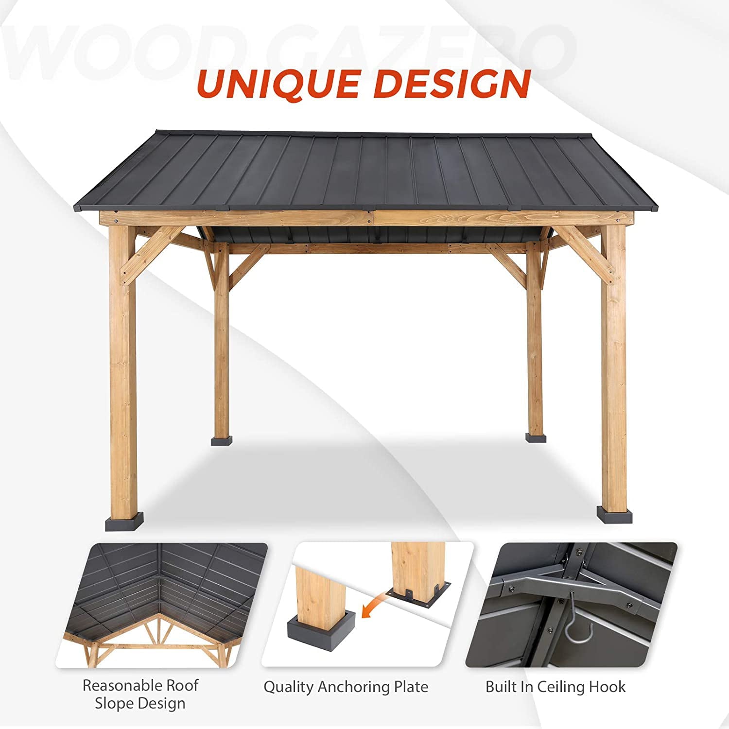 Yoleny 13'x 11' Solid Wood Patio Gazebo, Cedar Framed Outdoor Pavilion Cabana with Black Steel Gable Hardtop Roof, 12'x 10' Frame, Black