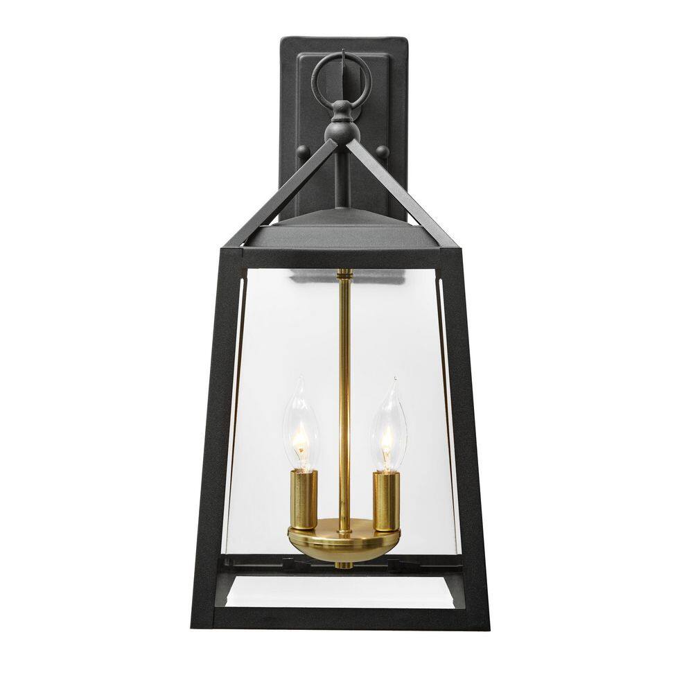 Home Decorators Collection Blakeley Transitional 2-Light Black and Brass Outdoor Wall Light Fixture with Clear Beveled Glass L-19905BKBRASS