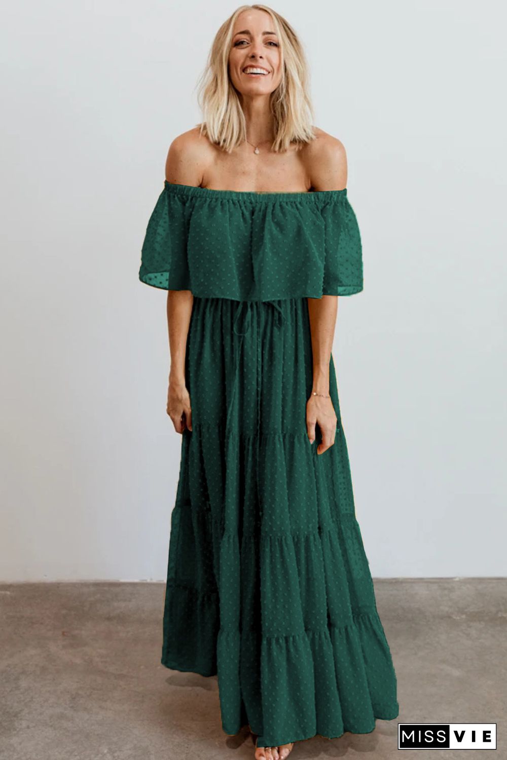 Green Off Shoulder Ruffle Swiss Dot Maxi Dress