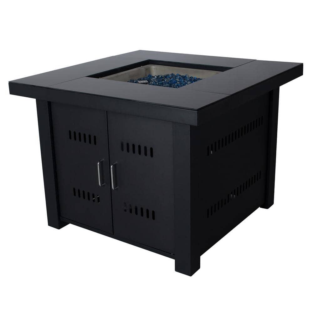 Pleasant Hearth Sheridan 38 in x 29 in Square Steel Propane Gas Fire Pit Table in Black with Glass Fire Rocks