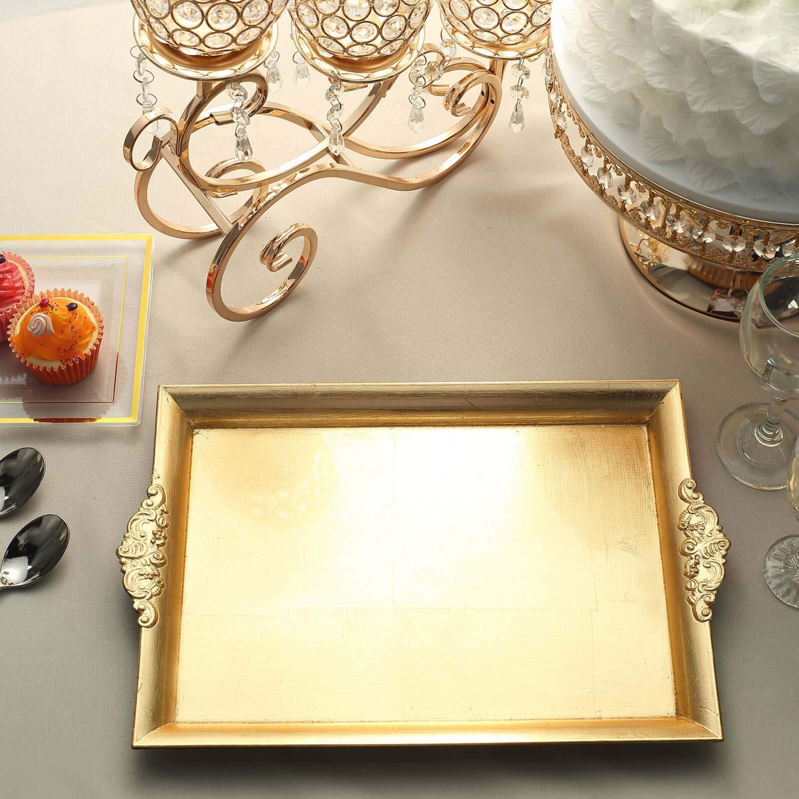 2 Pack Gold Rectangle Decorative Acrylic Serving Trays With Embossed Rims 14