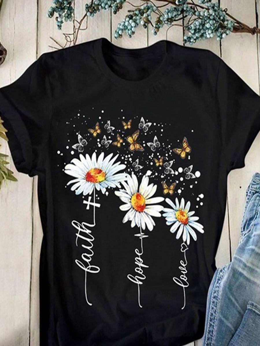 Round Neck Casual Creative Flower Print T-Shirt