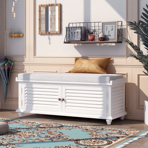 Wulawindy Storage Bench with Removable Cushion, Louver Design Wooden Shoe Bench for Entryway Living Room Bedroom (White)