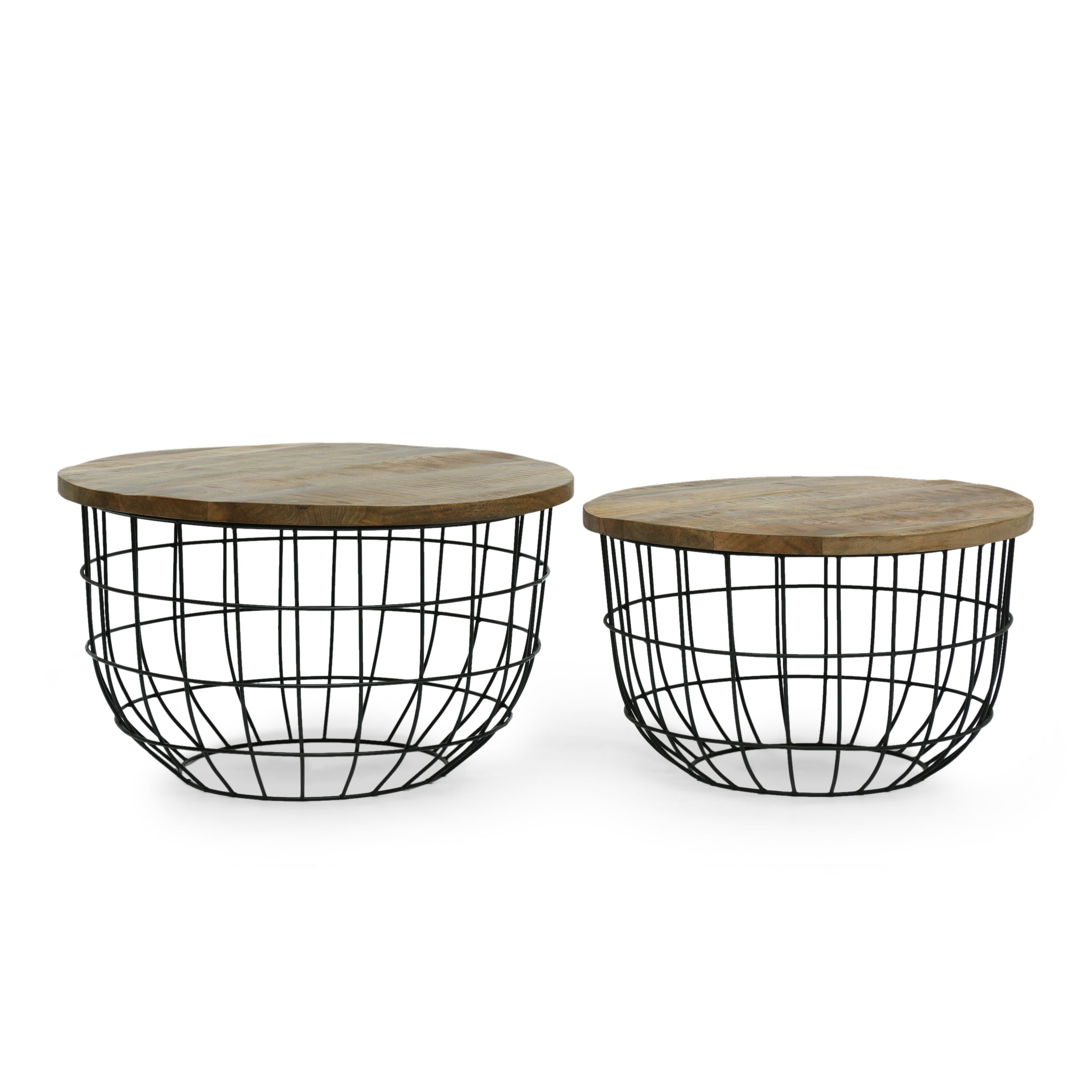 Penman Modern Industrial Handcrafted Mango Wood Nested Cage Coffee Tables, Set of 2, Natural and Black