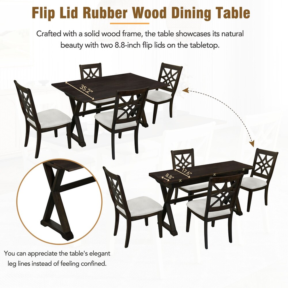 5 Piece Extendable Wood Dining Table Set Console Table with Two 8.8Inch Wide Flip Lids   X shape Legs  4 Linen Dining Chairs