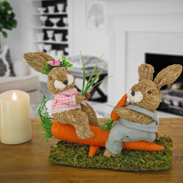 National Tree Company Two Bunnies Table Decoration Two Bunnies Resting On Carrot Artificial Grassy Base Easter Collection 14 Inches