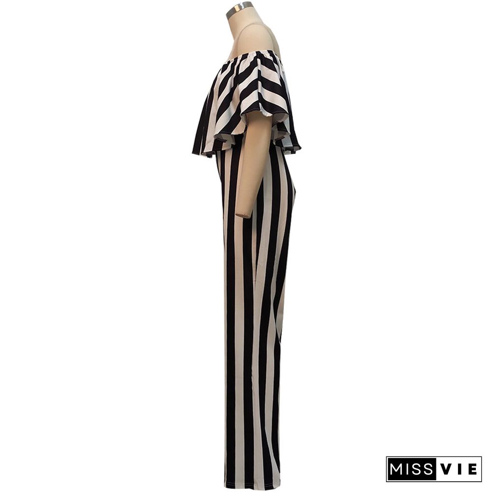 Striped Off Shoulder Wide Leg Jumpsuits