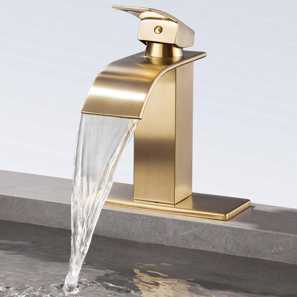 Zalerock Single-Handle Arc Single-Hole Bathroom Faucet with Waterfall in Brushed Gold H02LTTM054D