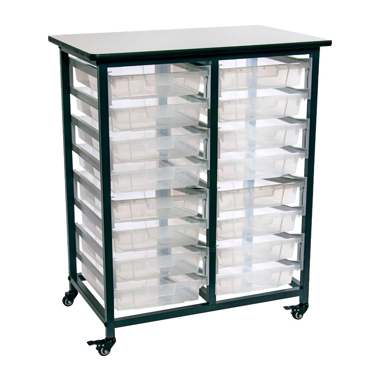 Luxor Mobile Bin Storage Unit - Double Row with 16 Small Clear Bins