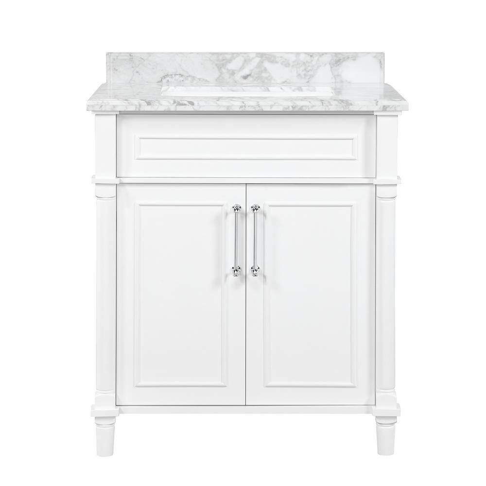 Home Decorators Collection Aberdeen 30 in. x 22 in. D x 34.5 in. H Bath Vanity in White with White Carrara Marble Top Aberdeen 30W