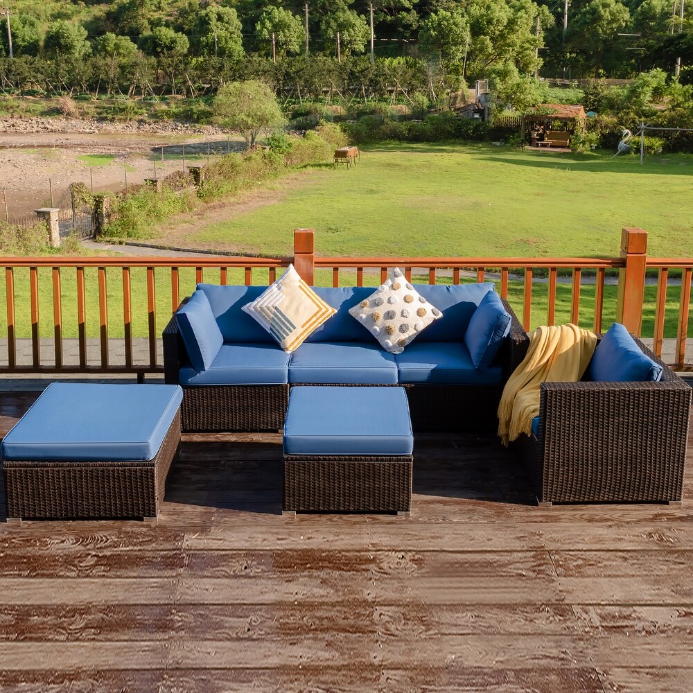 Costway 6PCS Patio Rattan Furniture Set Sofa Coffee Table Ottoman Navy   See Description