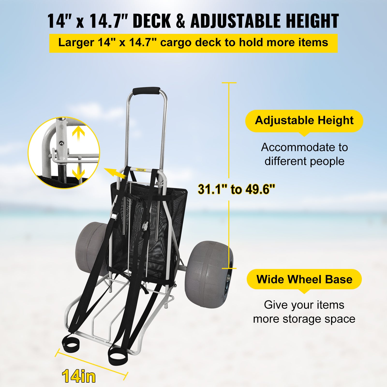 VEVOR Beach Carts&nbsp;for the Sand, w/ 12" TPU Balloon Wheels, 165Lbs Loading Capacity Folding Sand Cart & 29.5'' to 49.2'' Adjustable Height, Heavy Duty Cart for Picnic, Fishing, Beach