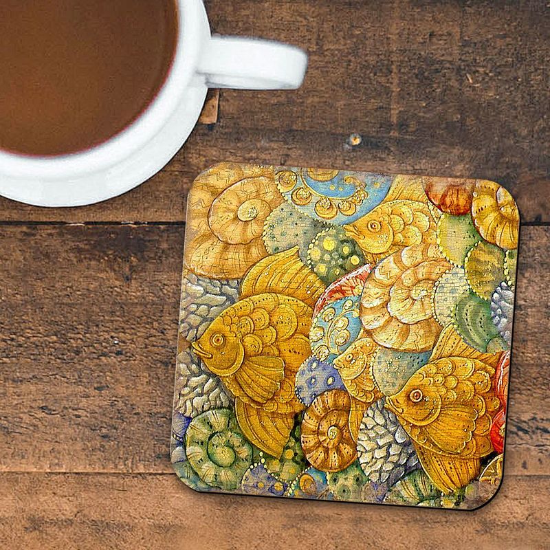 Fish Coastal Art Wooden Cork Coasters Gift Set of 4 by Nature Wonders