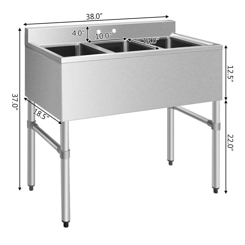 3 Compartment Commercial Stainless Steel Utility Sink, Freestanding Triple Bowl Kitchen Sink with 3 Basket Strainer Drains