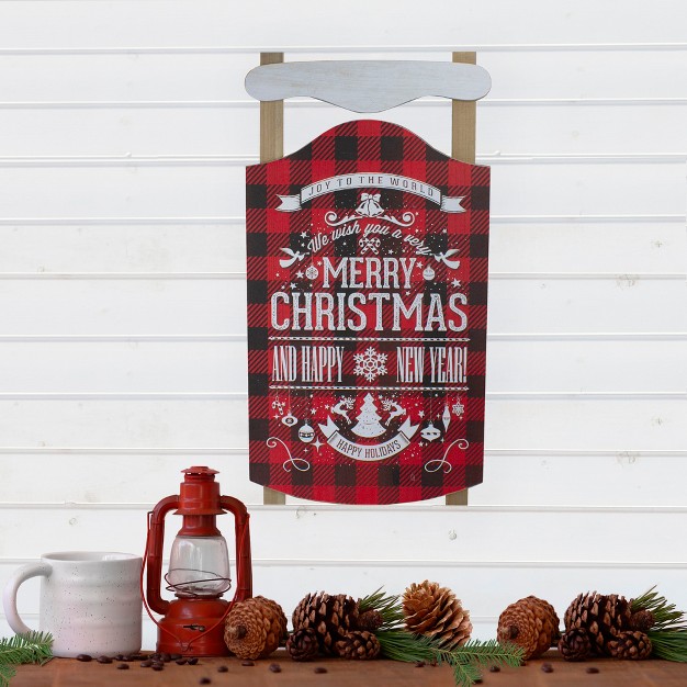 Northlight 24 Red And Black Buffalo Plaid Merry Christmas Sled Wooden Hanging Wall Sign