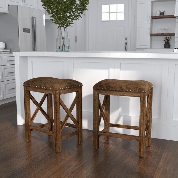 The Gray Barn Wild Hen Bench Wood Backless Counter Height Stool， Set of 2， Antique Brown Walnut