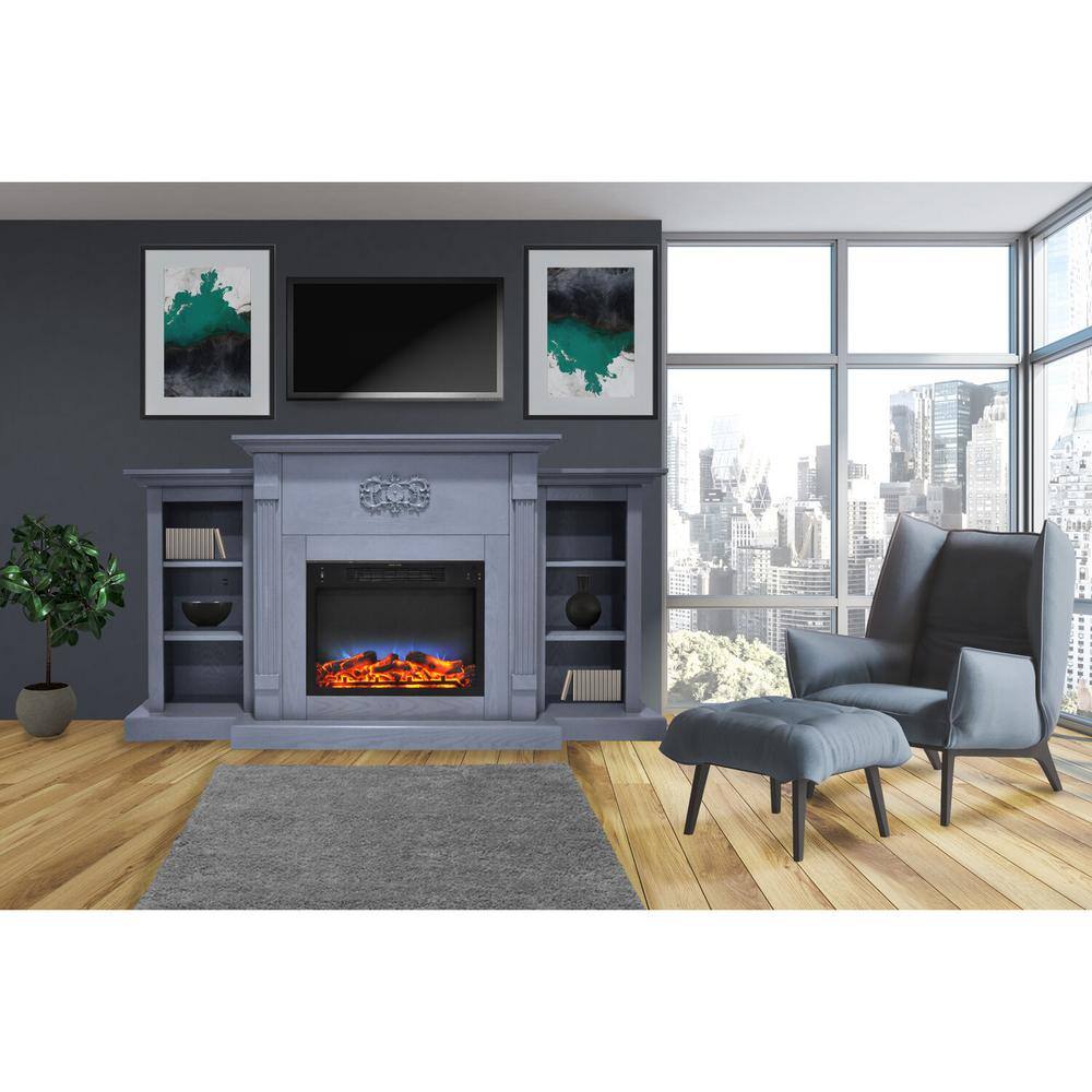 Hanover Classic 72.3 in. Freestanding Electric Fireplace in Slate Blue with Built-In Bookshelves FS7233-1BSBLED