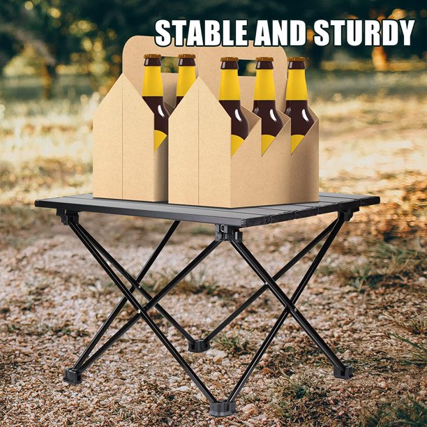 Folding Camping Table Portable Camping Side Tables with Aluminum Table Top with Carrying Bag， Lightweight Waterproof Fold Up Table for Picnic Camp Beach Outdoor BBQ Cooking， Beach Tables Black - M