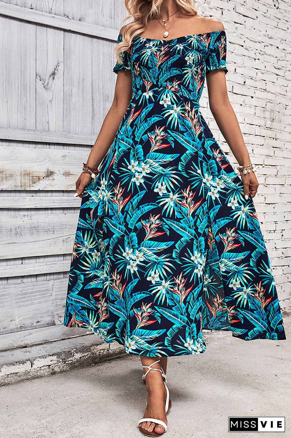 Navy Floral Off Shoulder Smocked Maxi Dress