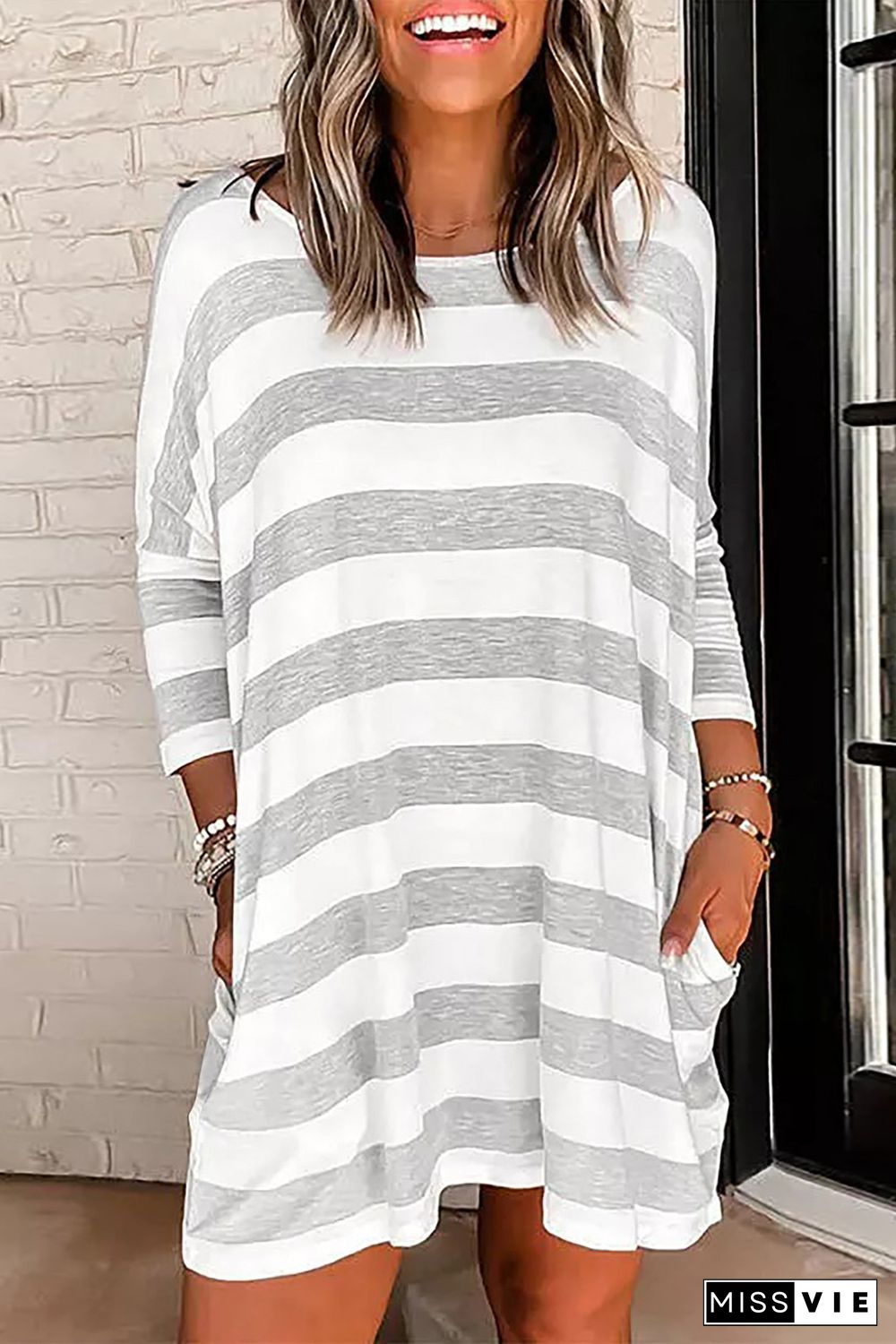 Stripe Loose Fit Pocketed Long Sleeve Mini Dress