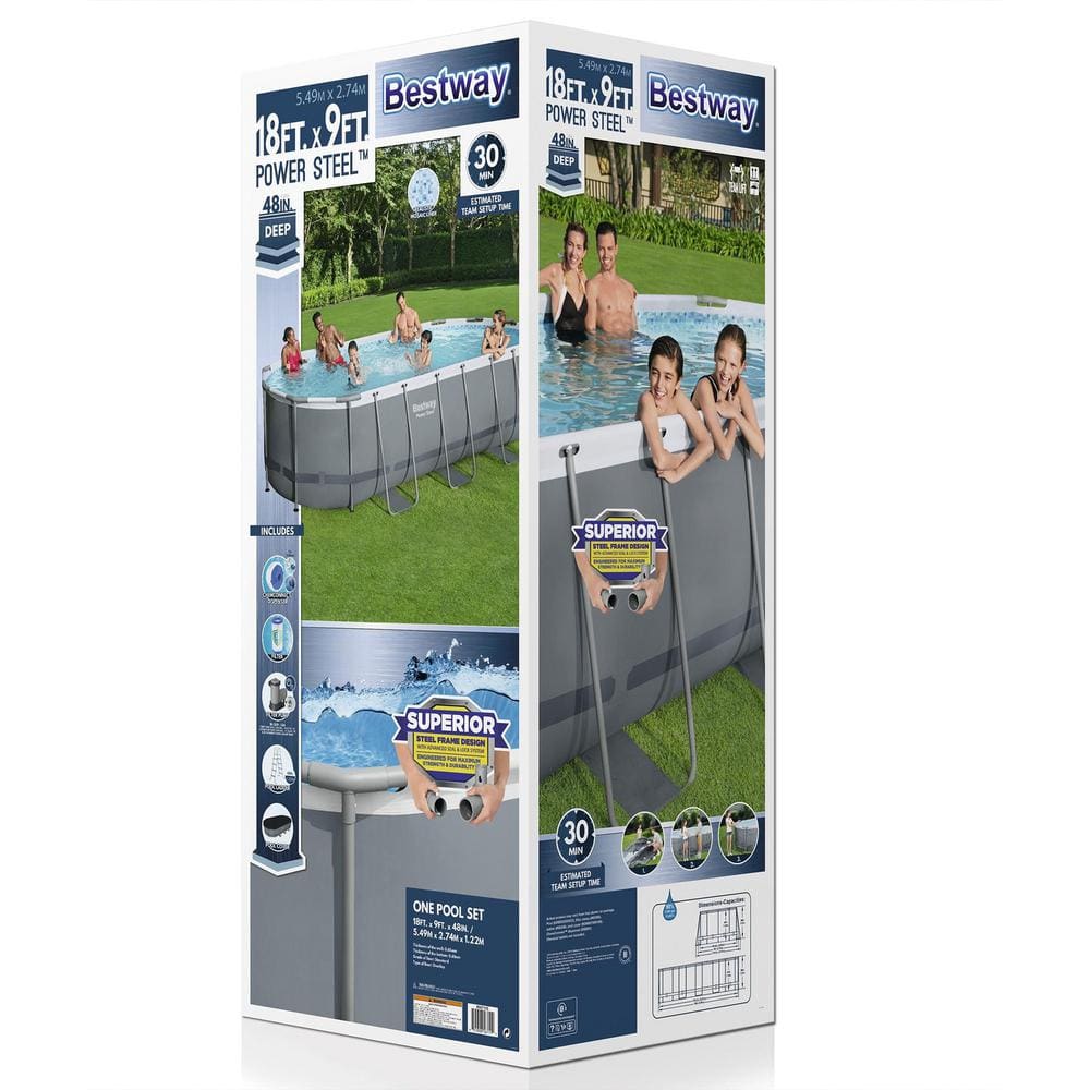 Bestway 18 ft. x 9 ft. Oval 48 in. Deep Metal Frame Above Ground Outdoor Swimming Pool Set 56711E-BW