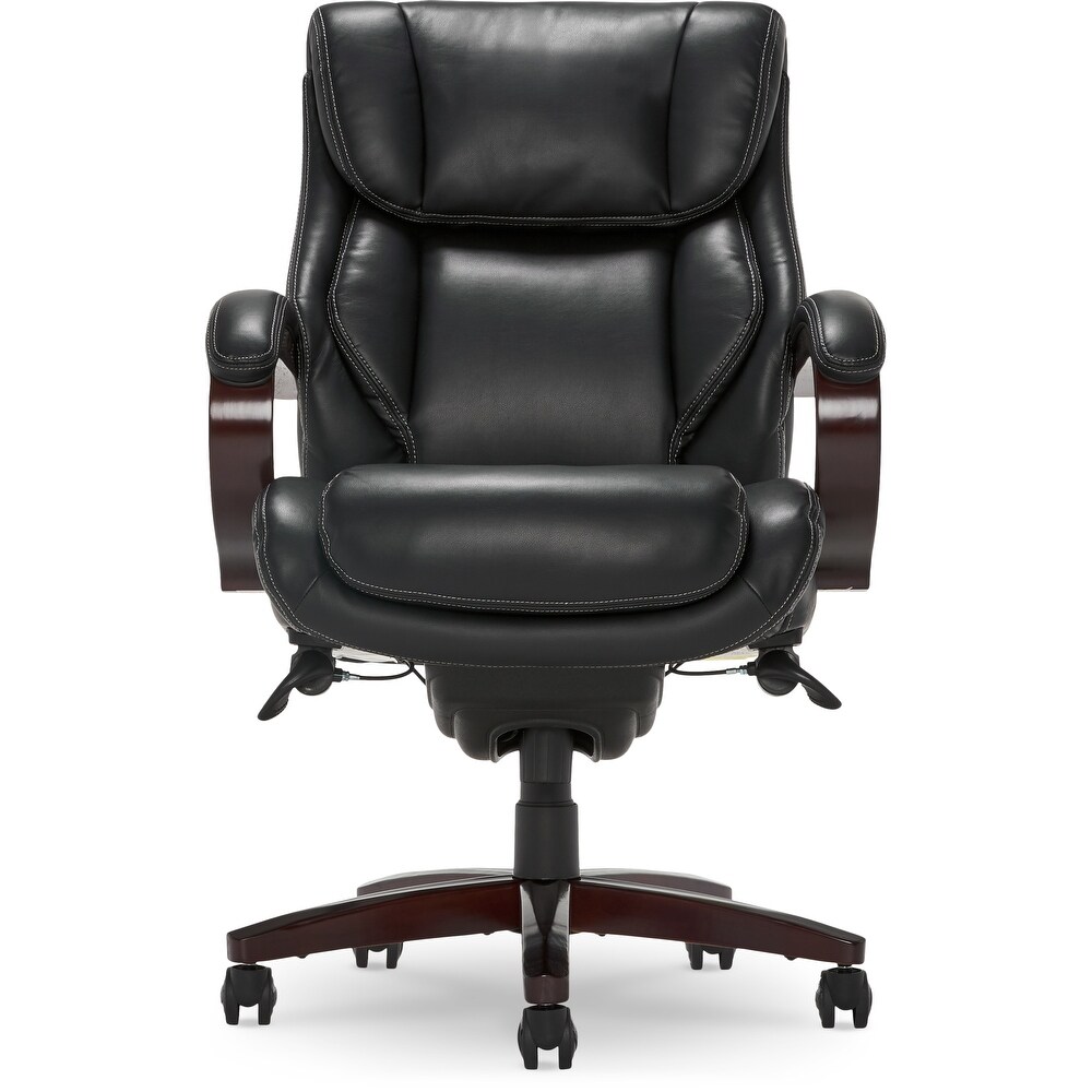 La Z Boy Bellamy Executive Leather Office Chair with Memory Foam Cushions  Solid Wood Arms and Base  Waterfall Seat Edge