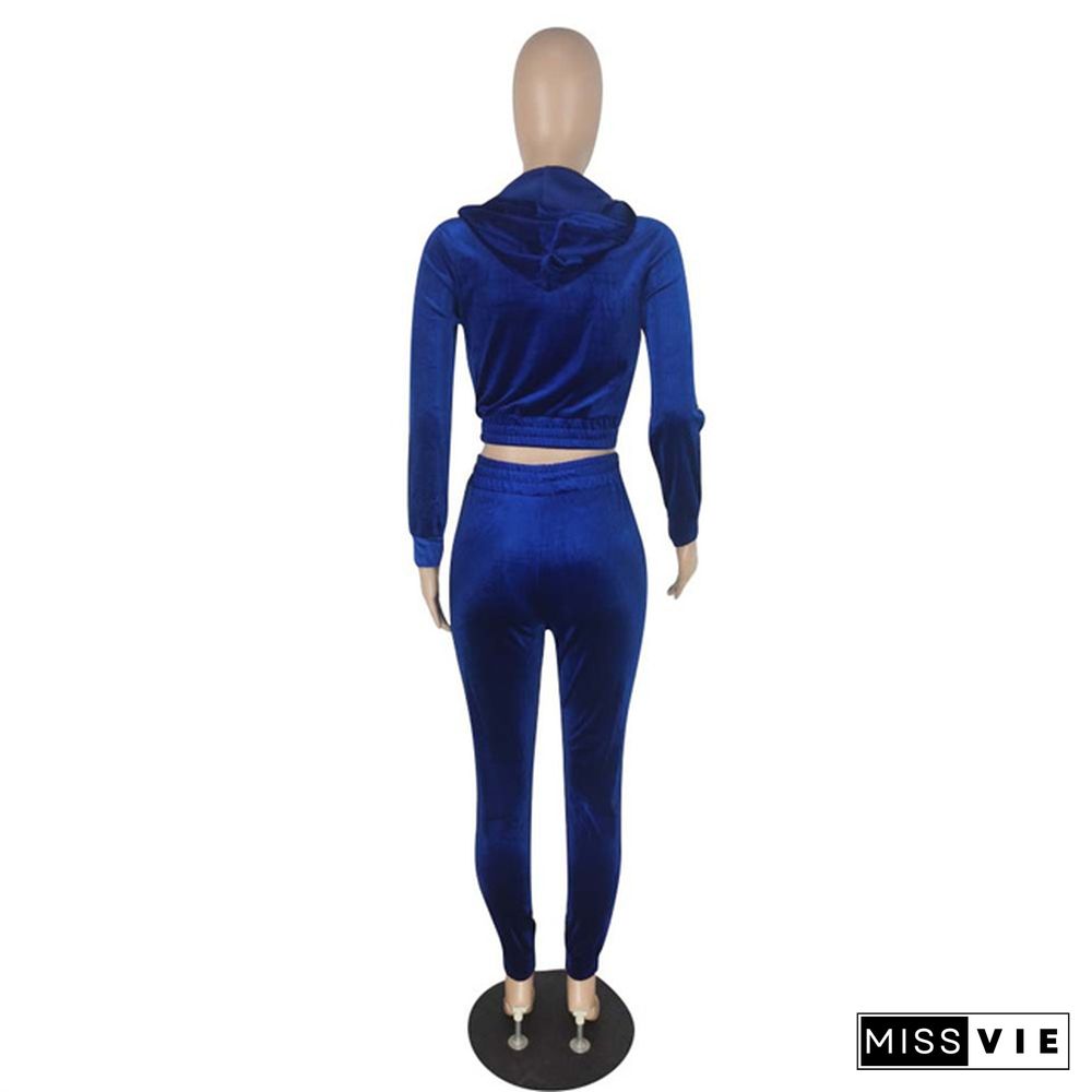 Velvet Hooded Zip Crop Top+Full Pants Set