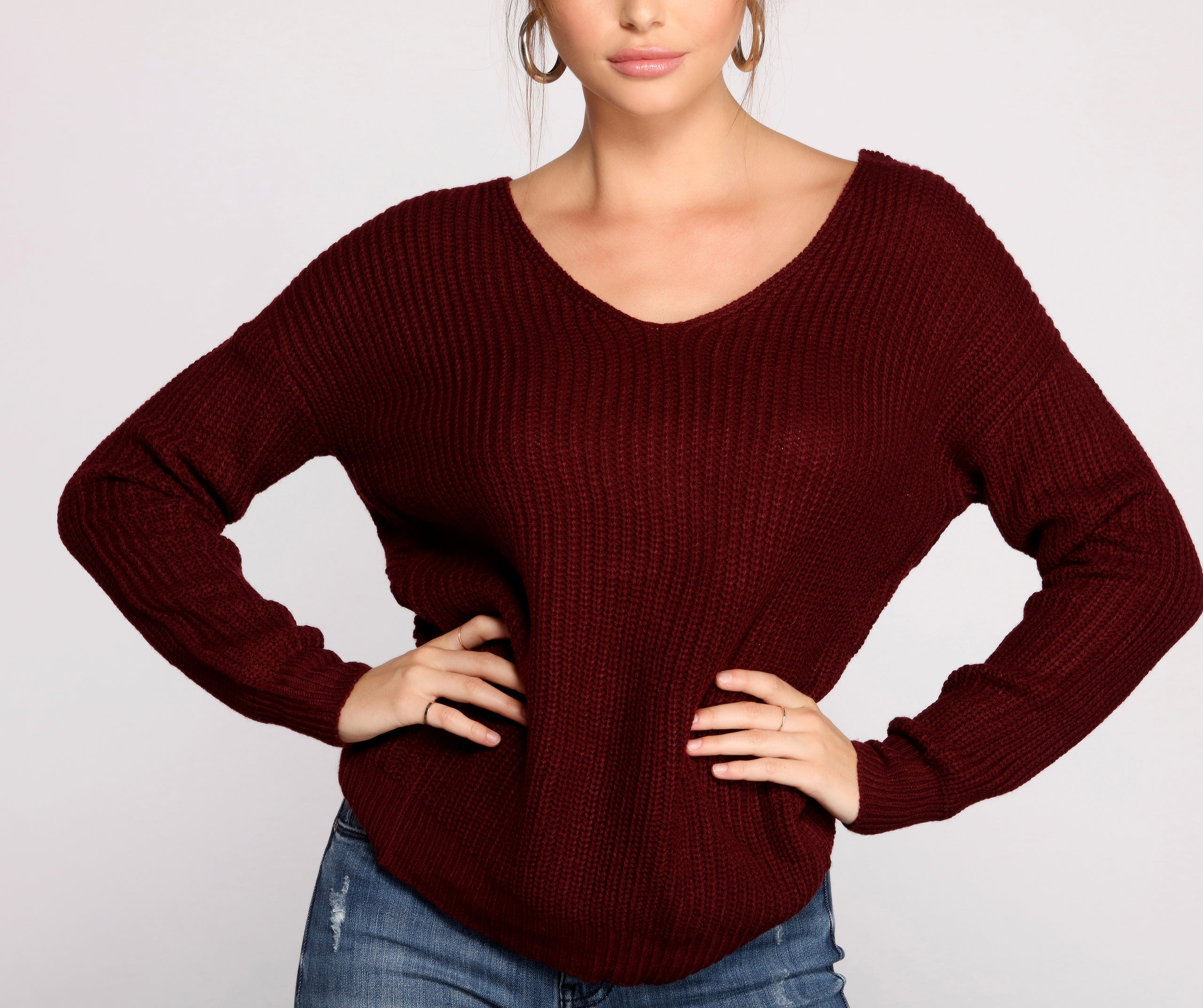 Trendy Knot Back V Neck Sweater