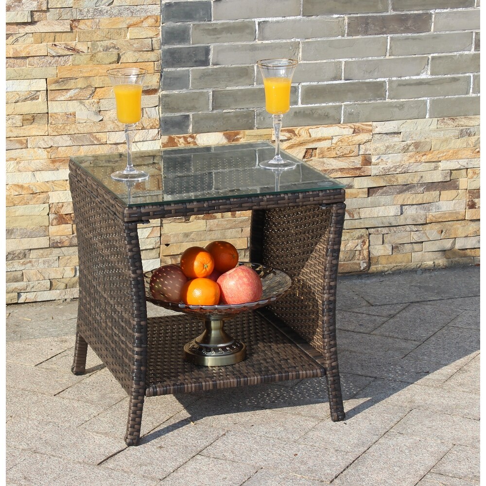 Outdoor Patio Coffee Table Brown Wicker Side Table with Tempered Glass Tabletop and 1 Shelf Tbale for Outdoor Garden