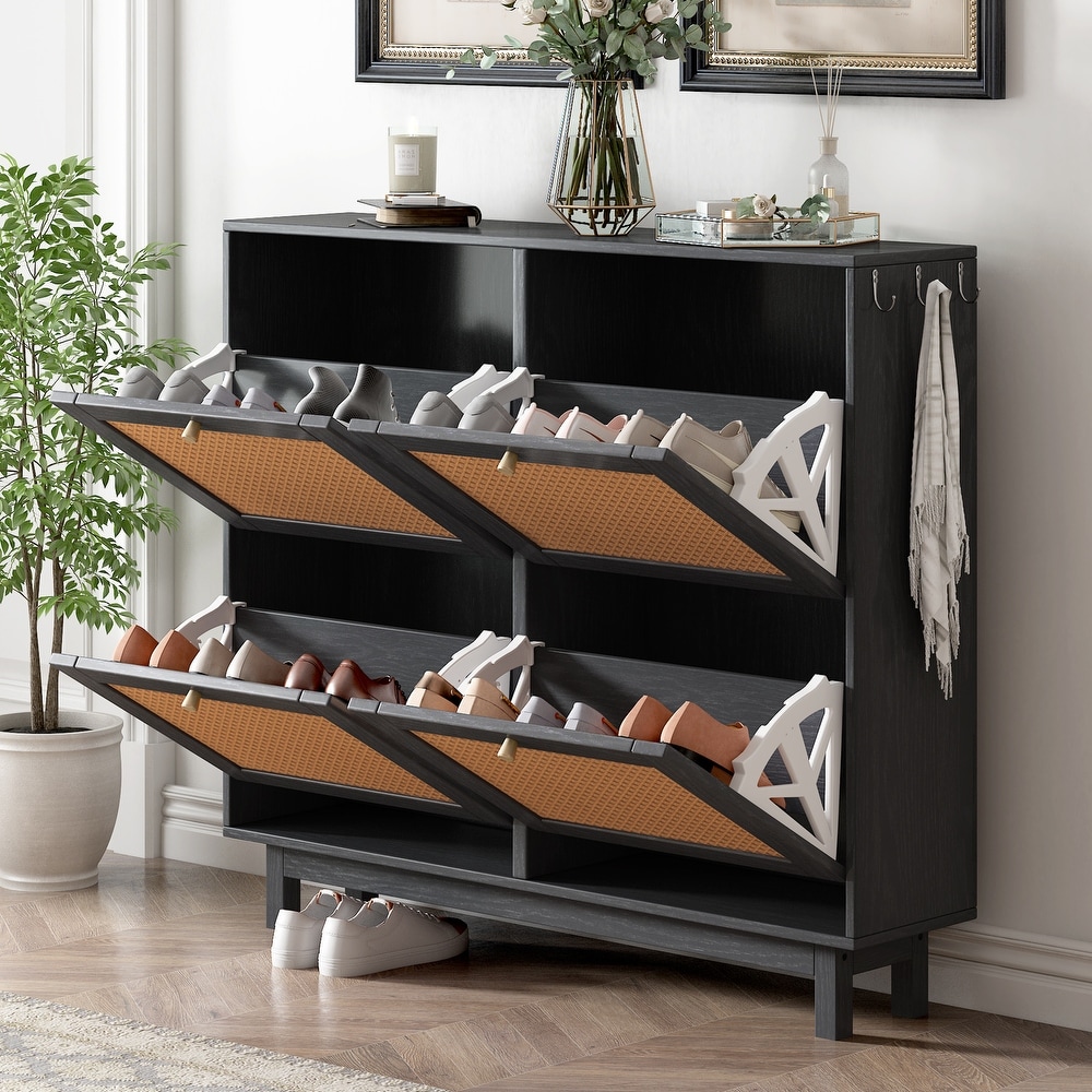 Rattan 2 Tier Shoe Cabinet with 4 Flip Drawers