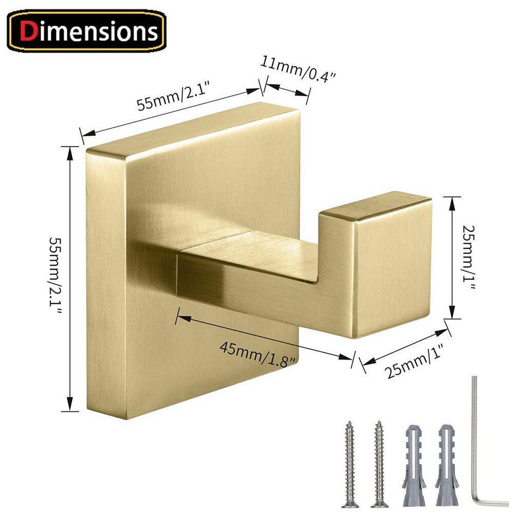 Dracelo Wall Mounted Square Bathroom Towel Hook Robe Hook in Brushed Gold J-Hook(2-Pack) B09338X5C3