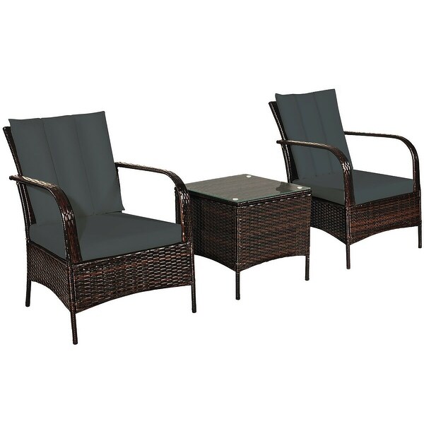 Costway 3 PCS Patio Wicker Rattan Furniture Set Coffee Table and 2