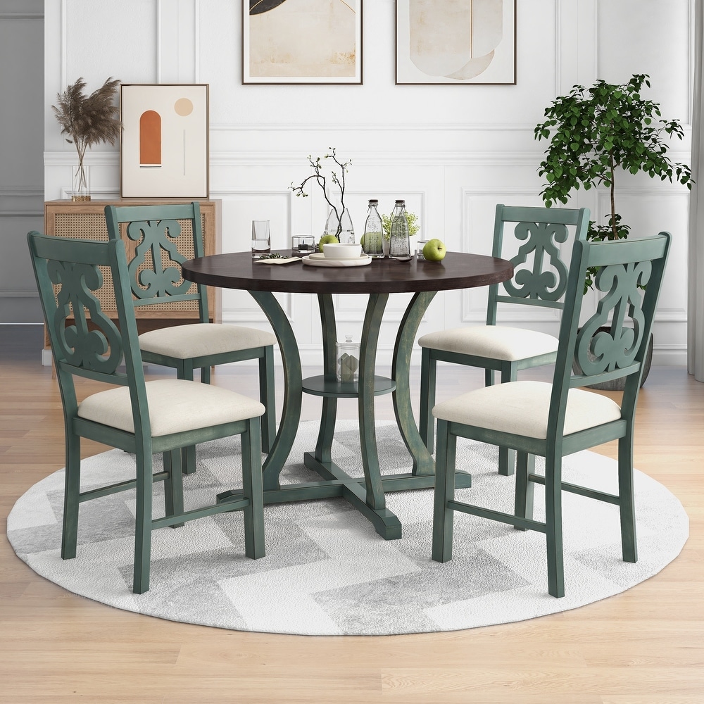 Antique Blue 5 Piece Round Dining Table Sets and 4 Fabric Chairs