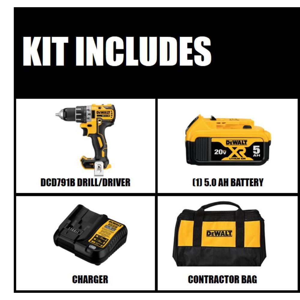 DW 20V MAX XR Lithium-Ion Cordless Brushless 12 in. DrillDriver(1) 5.0Ah Battery (1) 4.0Ah Compact Battery and Charger DCD791P1WDCB240