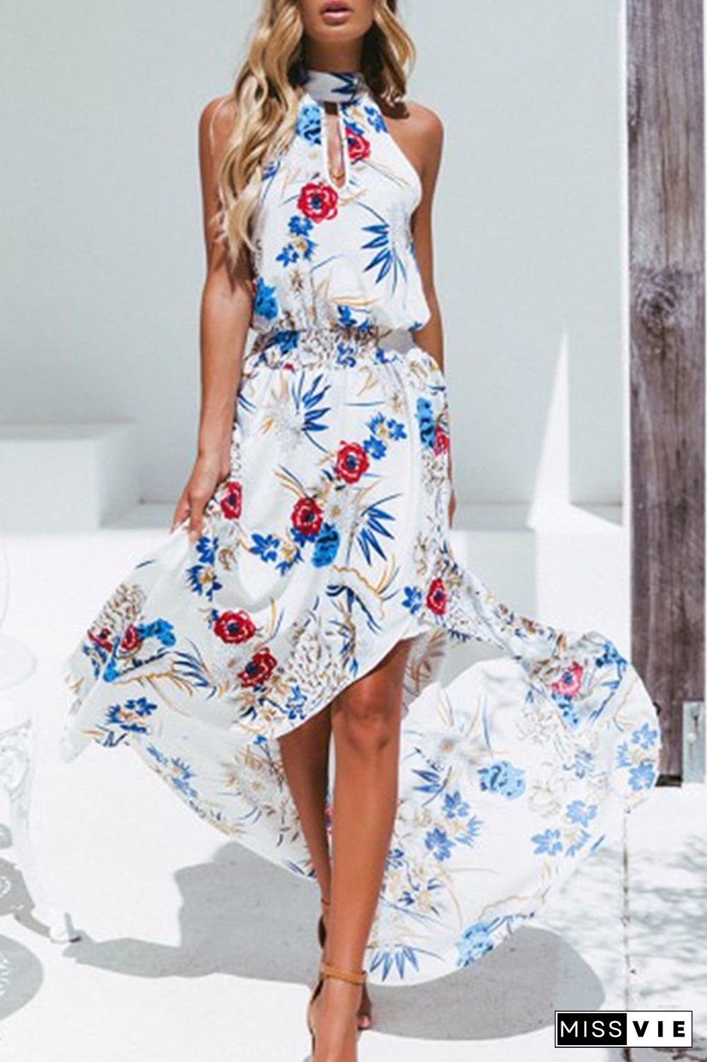 Elegant Floral Hollowed Out Halter Irregular Dresses