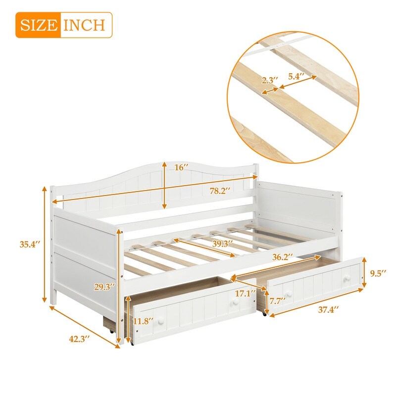 Twin Size Traditional Wood Daybed with 2 Drawers for Small Bedroom City Aprtment Dorm