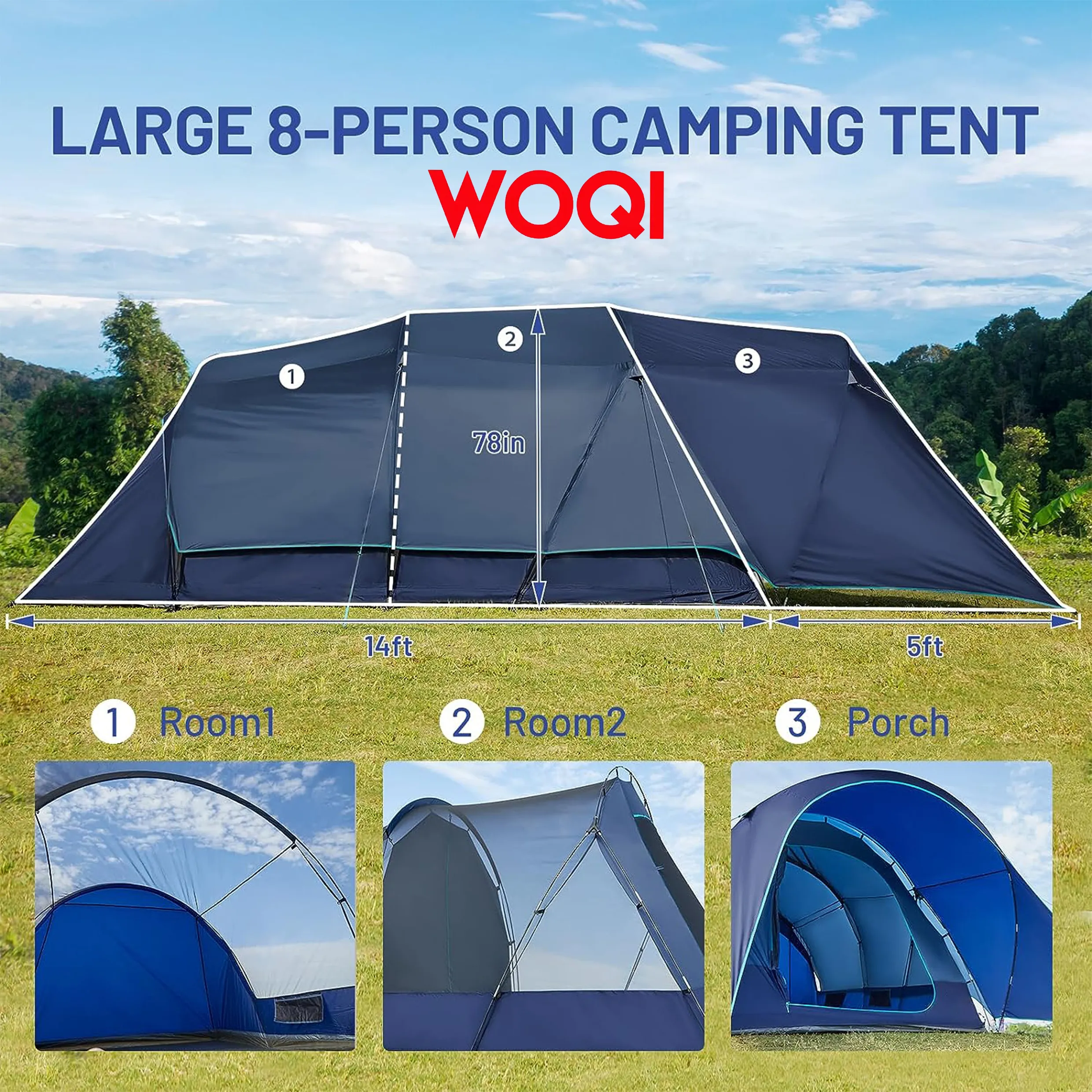 WOQI 8 person camping tent  portable waterproof and windproof family tent  easy to build  suitable for camping