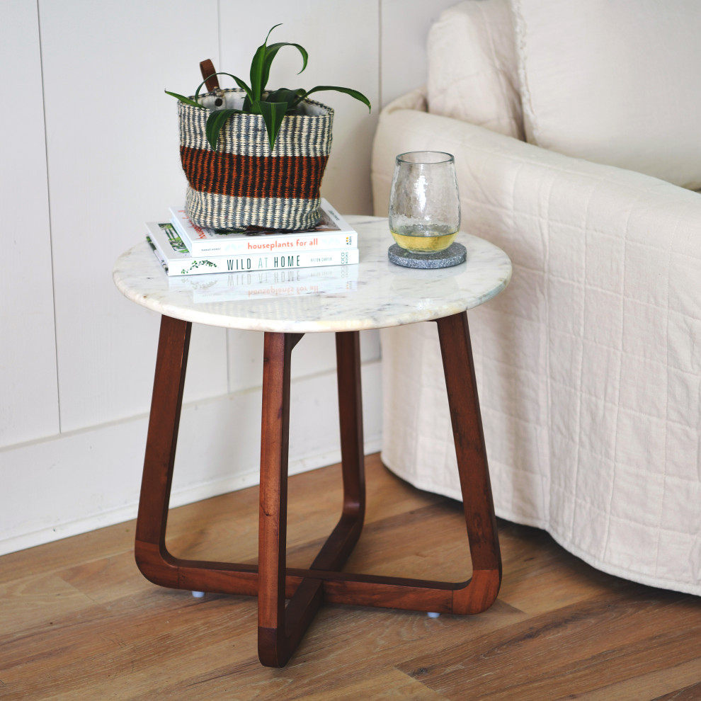 Modern Round Marble and Wood End Table  Walnut Finish   Transitional   Side Tables And End Tables   by Creative Co op  Houzz