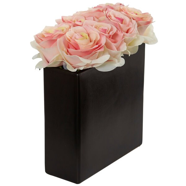 Nearly Natural Roses Arrangement in Black Vase