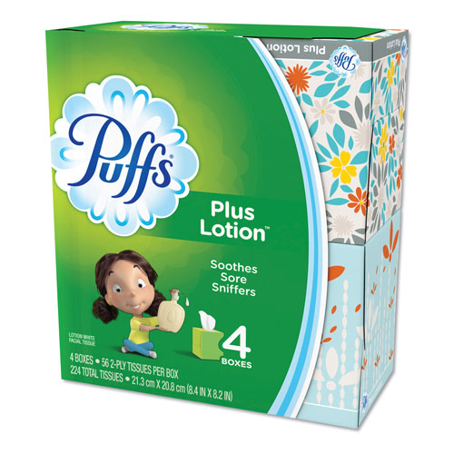 Procter and Gamble Puffs Plus Lotion Facial Tissue | White， 4 Cube Packs， 56 Sheets Per Cube， 6