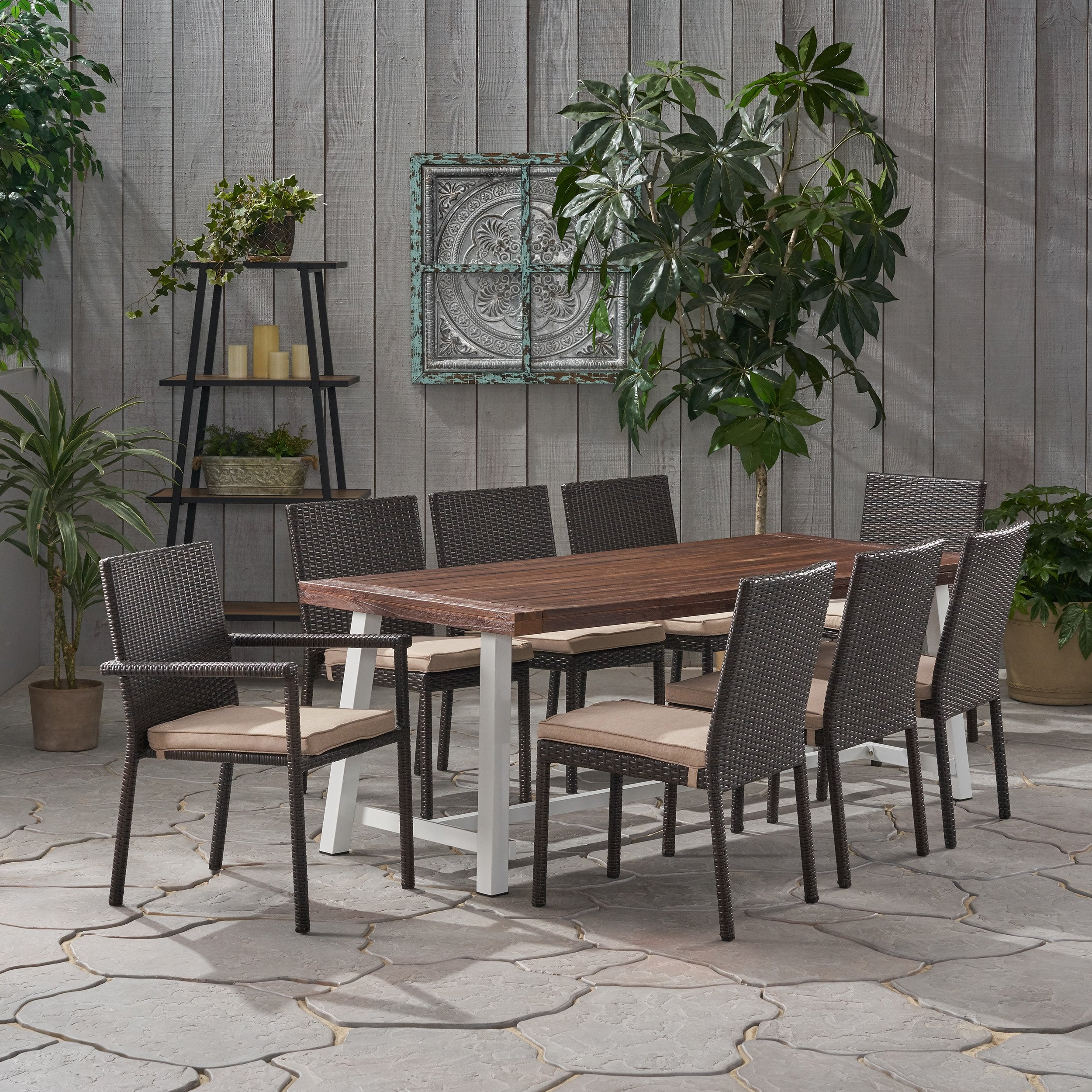 Kylen Outdoor Wood and Wicker 8 Seater Dining Set