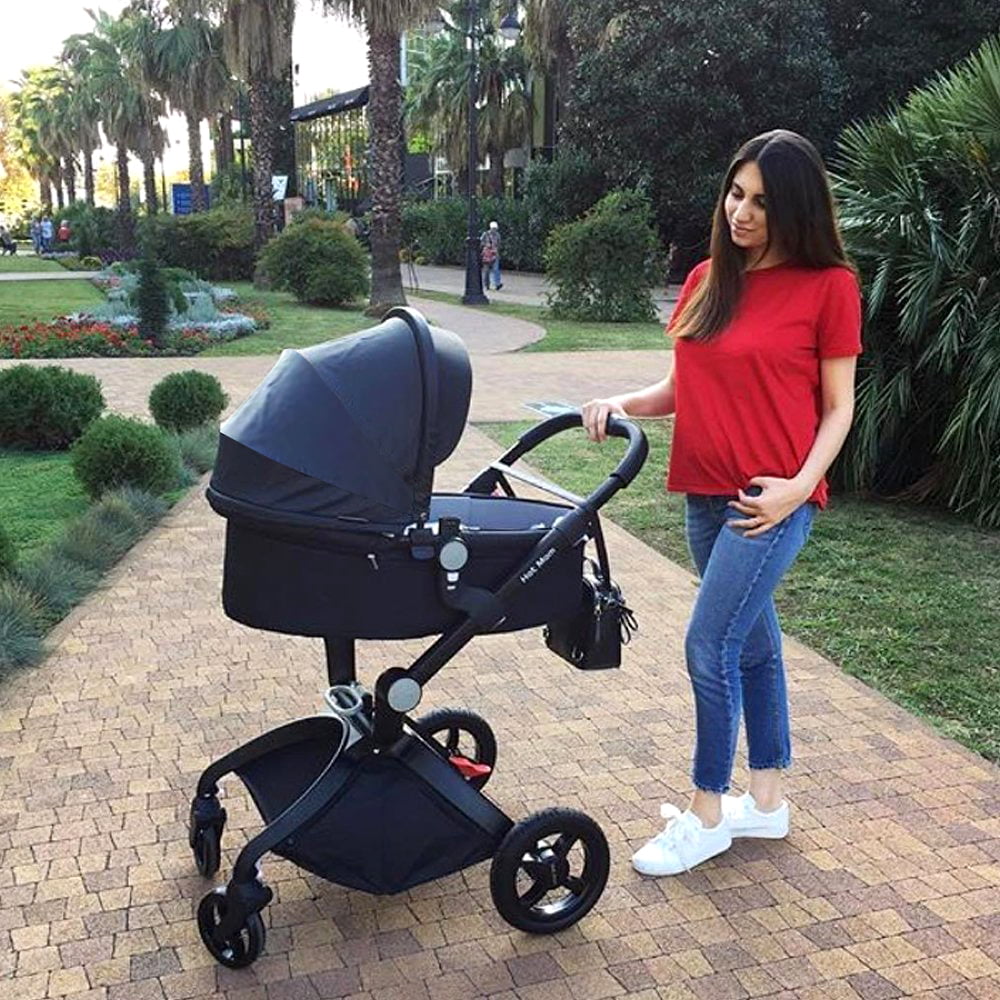 Hot Mom Baby Stroller with Adjustable Seat Height,Reversible Luxury PU Leather Travel System,Black