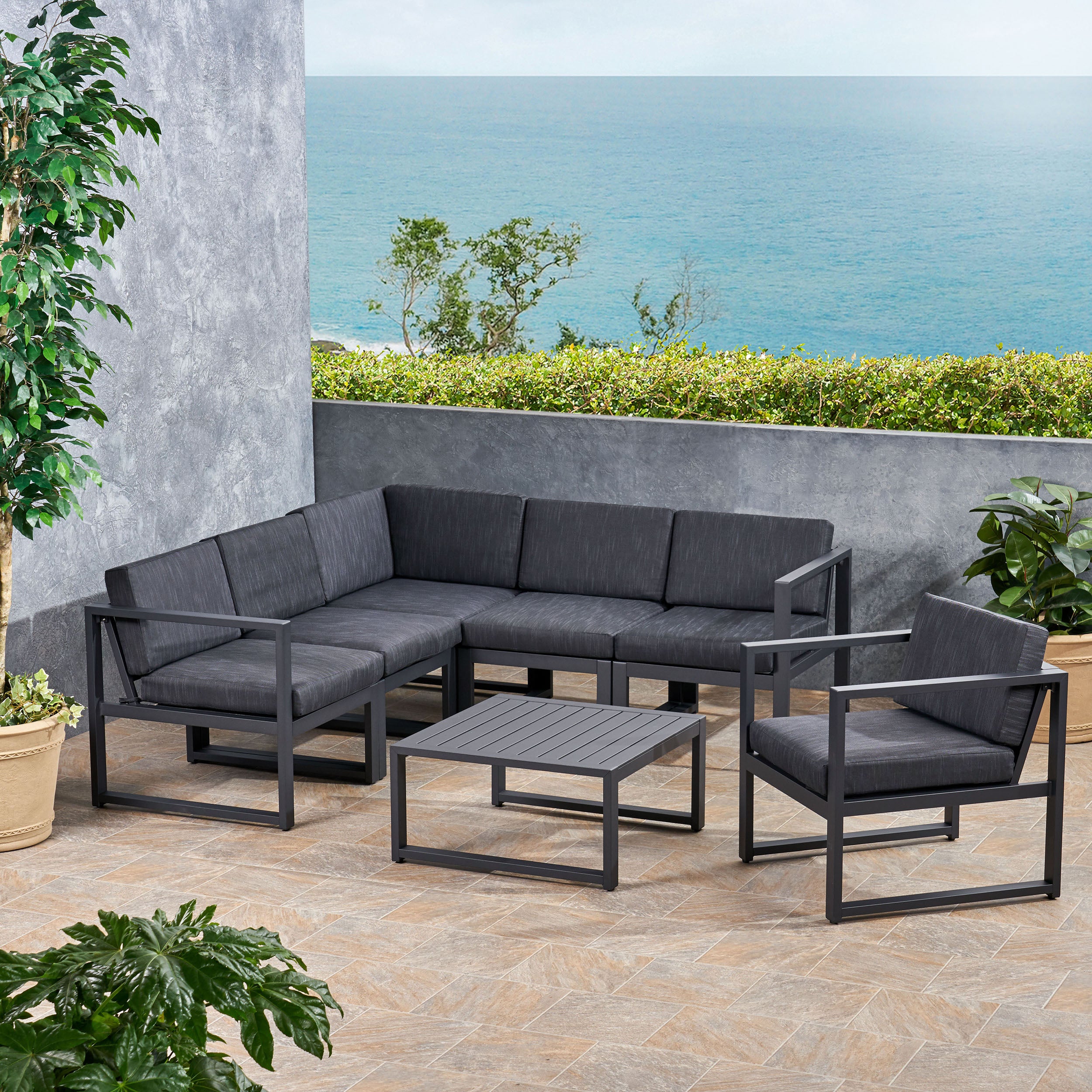 Dolan Outdoor Aluminum 6 Seater Sofa Set, Black and Dark Gray